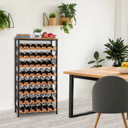 48 Bottles Floor Wine Rack With Wood Top, Freestanding Wine Bottle Organizer Shelf, Wobble-Free 8 Tier Wine Display Storage Stand For Kitchen Pantry,