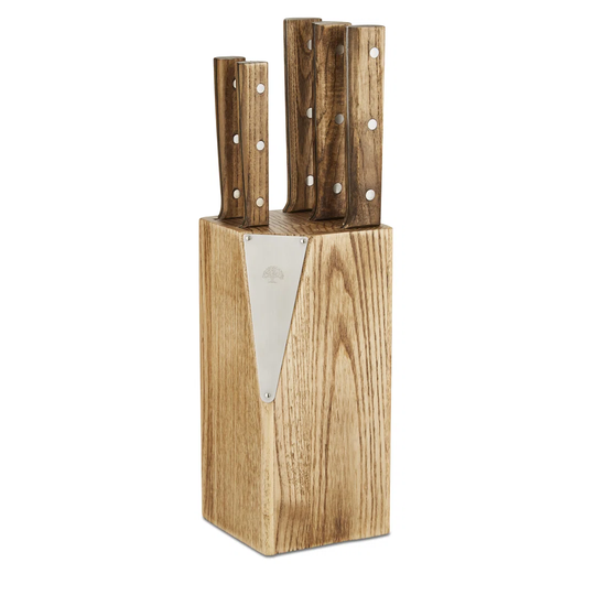 Tower Barbary & Oak BO851035, Hoxton Vintage 5 Piece Knife Block with Block Knife Storage, Ergonomic Wooden Handles, Ash Wood and Stainless Steel, Bro
