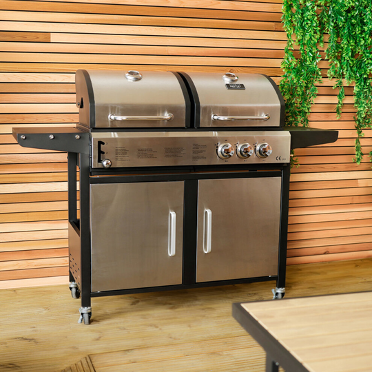 Charles Bentley 2+1 Burner Gas Grill & Charcoal Grill BBQ 147.5 x 52 x 110cm Garden Outdoors Large Family Cook Outdoor Al fresco