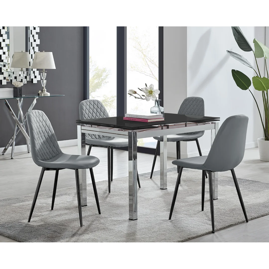 Enna Black Glass Extending Dining Table And 4 Grey Corona Black Leg Chairs
