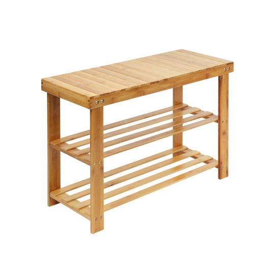 Style 2 Tier Shoe Storage Rack Stool 100% Natural Bamboo with Bench
