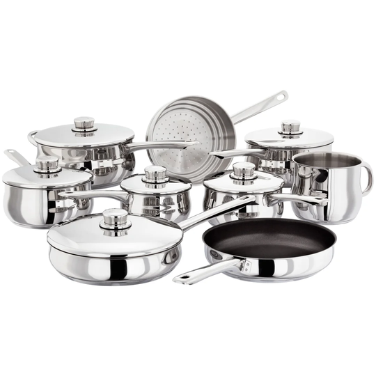 Stellar 1000 Set of 9 Stainless Steel Saucepans with Lids, 14/16/18/20/22cm Saucepans, 24cm Non-Stick Frying Pan,26cm Saute, Milk Pot and Steamer