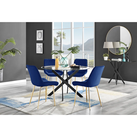 Novara Black Leg 120Cm Round Glass Dining Table & 4 Navy Pesaro Gold Leg Chairs