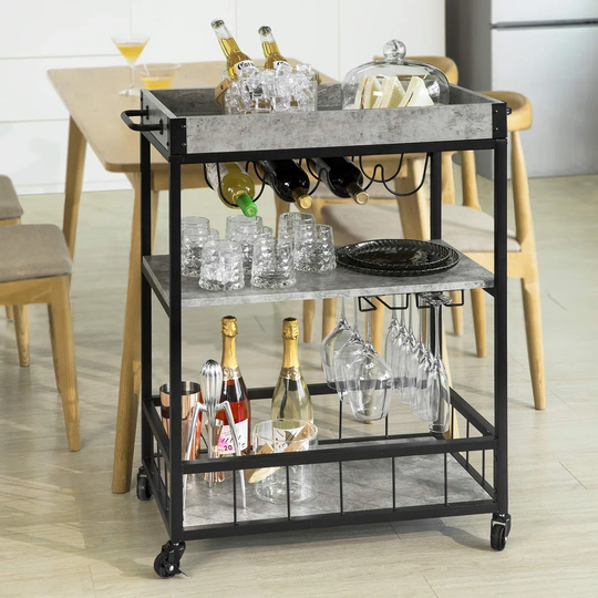 Modern Design 3 Tiers Kitchen Trolley Serving Trolley With Wine Rack Metal & MDF