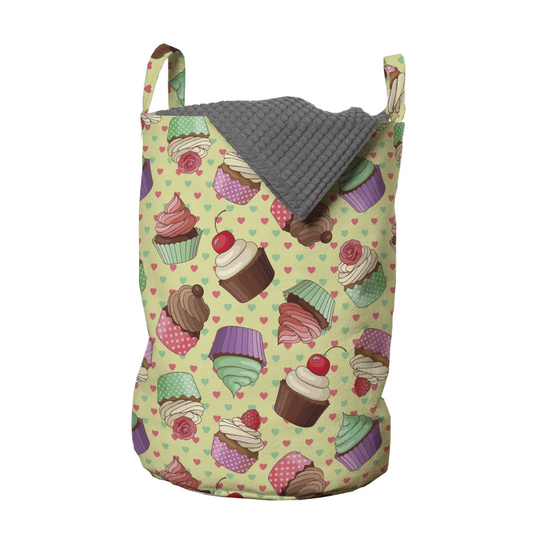 Coffee Shop Bakery Inspired Tasty Cupcake Pattern on a Polka Dot Hearts Backdrop Laundry Bag