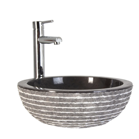 Iris Black/White Stone Circular Bathroom Sink with Faucet and Overflow