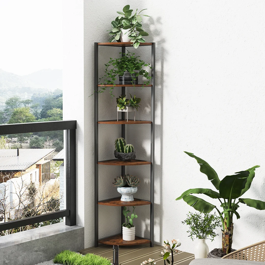 6 Tier Corner Shelf, Free Standing Corner Bookcase Plant Stands, Wall Display Storage Rack Organizer Shelf