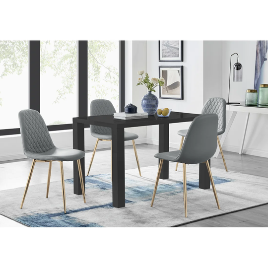 Pivero 4 Black Dining Table And 4 Grey Corona Gold Leg Chairs