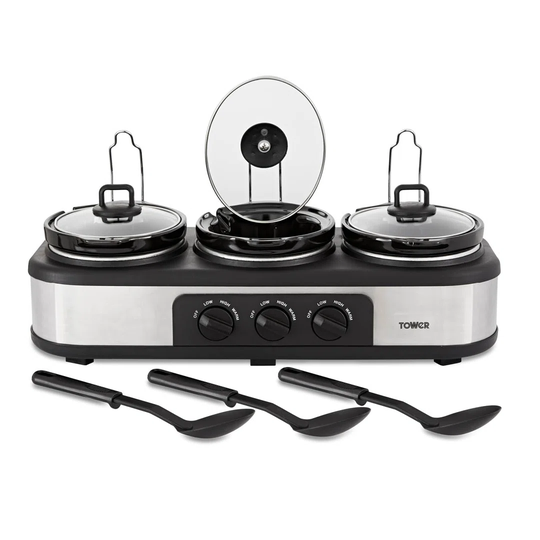 Tower T16015 Three Pot Slow Cooker with Independent Temperature Controls, Keep Warm Function, 4.5L, Stainless Steel