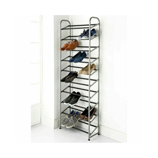 Spaceways 10 Tier Tall Shoe Storage Rack- Stainless Steel Frame - HOLDS 30 PAIRS
