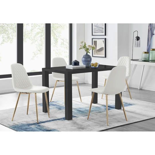 Pivero 4 Black Dining Table And 4 White Corona Gold Leg Chairs