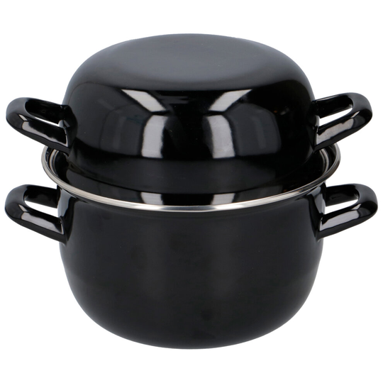 18 cm Diameter Black Enamel Mussel Cooking Pot with Handles & Lid