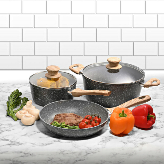 Schallen Wooden Handle Grey Marble NonStick Pan Set