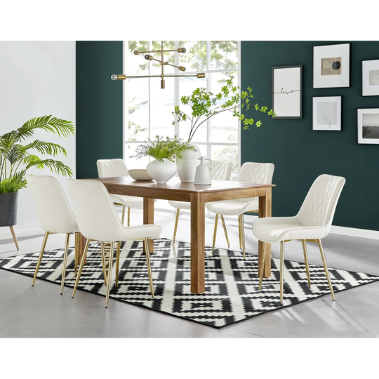 Anders Honey Solid Wood Dining Table & 6 Cream Pesaro Gold Leg Chairs