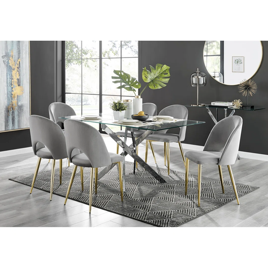 Leonardo Glass And Chrome Dining Table & 6 Grey Arlon Gold Leg Chairs