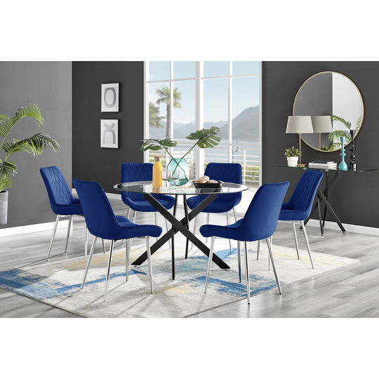 Novara Black Leg 120Cm Round Glass Dining Table & 6 Navy Pesaro Silver Leg Chairs