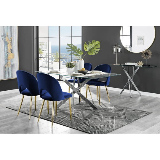 Leonardo Glass And Chrome Dining Table & 4 Black Arlon Gold Leg Chairs