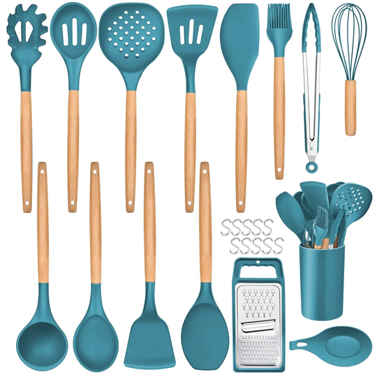 Kitchen Utensils Set,25 Pieces Soft Silicone Cooking Utensil Set With Holder, Natural Wooden Handle Kitchen Spatula Spoon For Cooking Baking, Non Stic