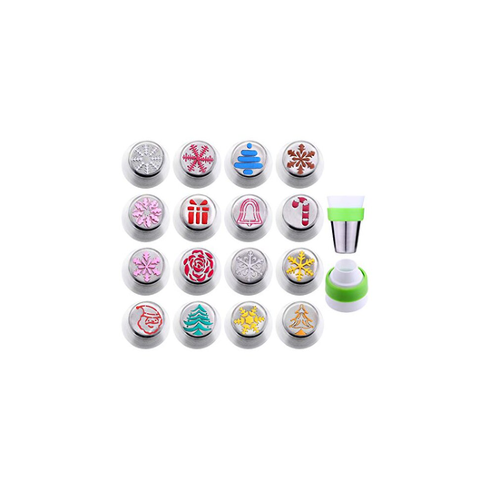 Gejoy 16 Pieces Russian Piping Tips Christmas Cake Icing Frosting Nozzle with Coupler for Cupcake Decoration, Christmas Design