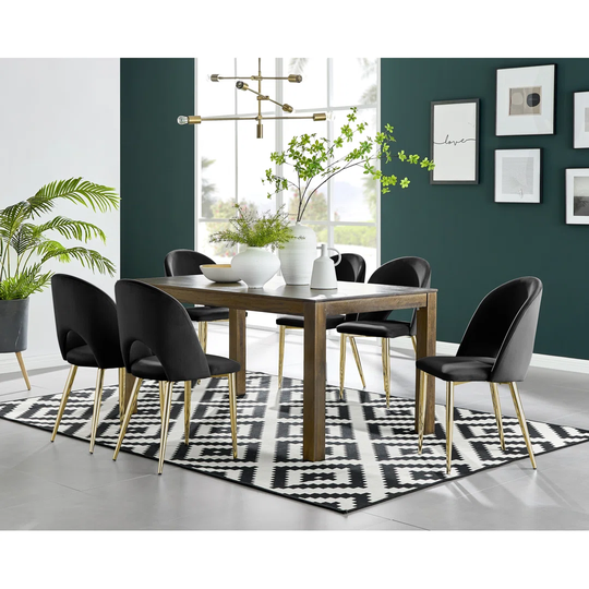 Anders Dark Walnut Solid Wood Dining Table & 6 Black Arlon Gold Leg Chairs