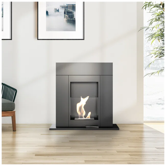 Free Standing Ethanol Fireplace Whiskey Black with Glazing