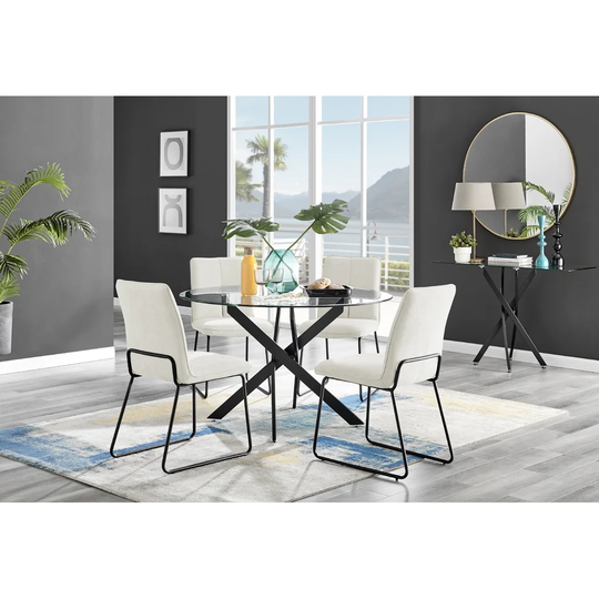 Novara 120cm Round Glass Dining Table & 4 Cream Halle Chairs