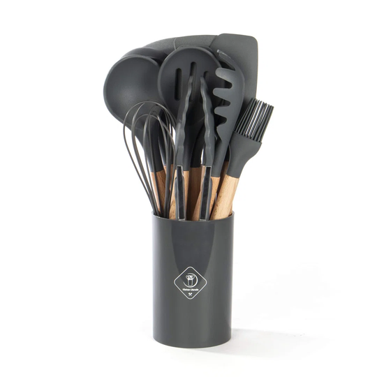 Silicone Kitchen Utensils In Grey | Set Of 11 | Spatulas For Cooking, Baking | Non-Scratch & Non-Stick Utensil Set | 9 Hooks & Holder Included
