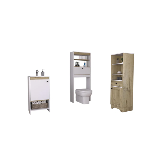 Set Malaga, 1 Door 1 Drawer Column Unit + Floor Standing Bathroom Cabinet With Sink + Bathroom Shelf Over Toilet