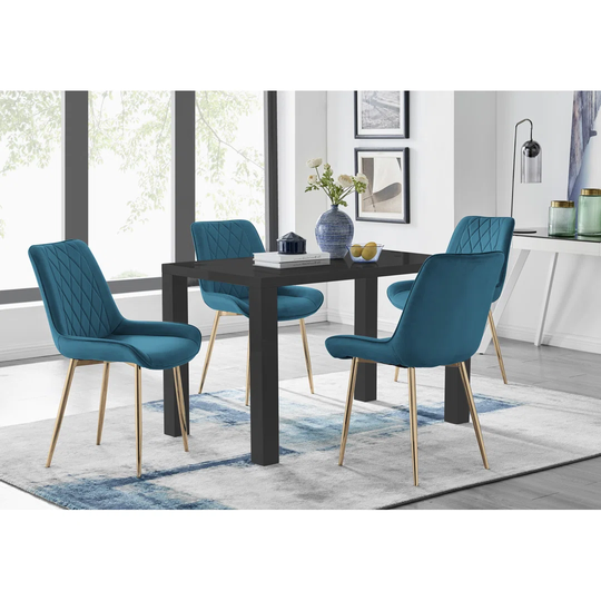 Pivero 4 Black Dining Table And 4 Blue Pesaro Gold Leg Chairs