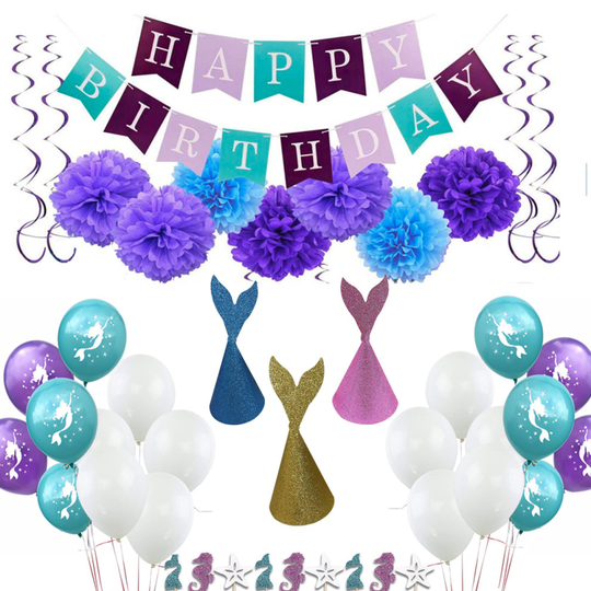 (1) Birthday Party Decoration Sets Bunting Banner Balloons, Pom Pom, Glitter Mermaid Hat, Cupcake Toppers, Paper Tassel, Hanging Swirl, Party Decor, E