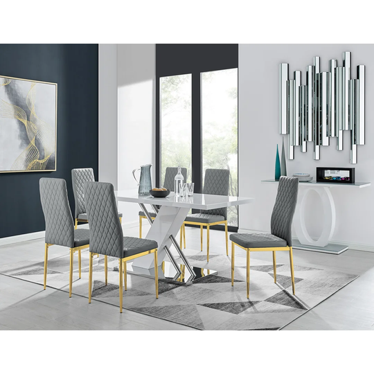 Chowchilla 6 White Dining Table And 6 Grey Gold Leg Chairs