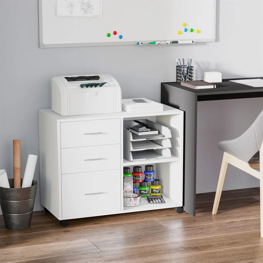 Freestanding Printer Stand Unit Office Desk Side Mobile Storage W/ Wheels 3 Drawers, 2 Open Shelves Modern Style 80L X 40W X 65H Cm - Grey