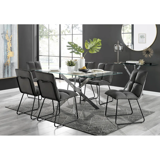 Leonardo Glass And Chrome Dining Table & 6 Dark Grey Menen Chairs