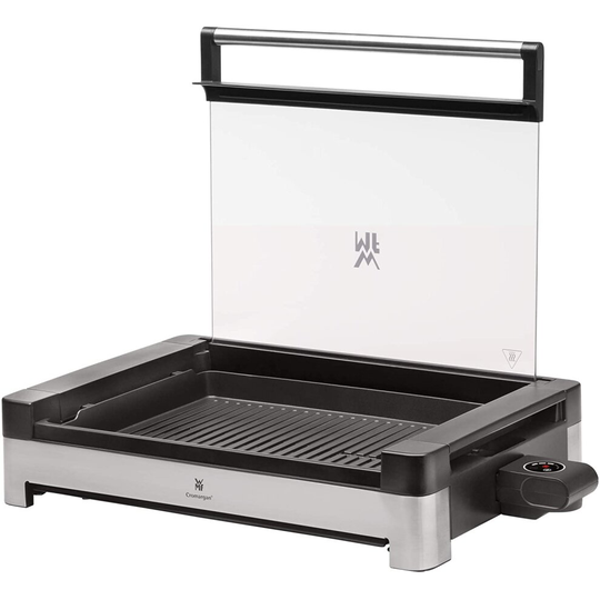 WMF Lono Grill tabletop with glass lid and BBQ 2200 W, matt stainless steel, coated grill plate, non-stick