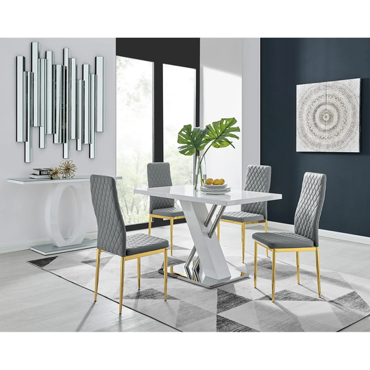 Chowchilla 4 White Dining Table And 4 Grey Gold Leg Chairs