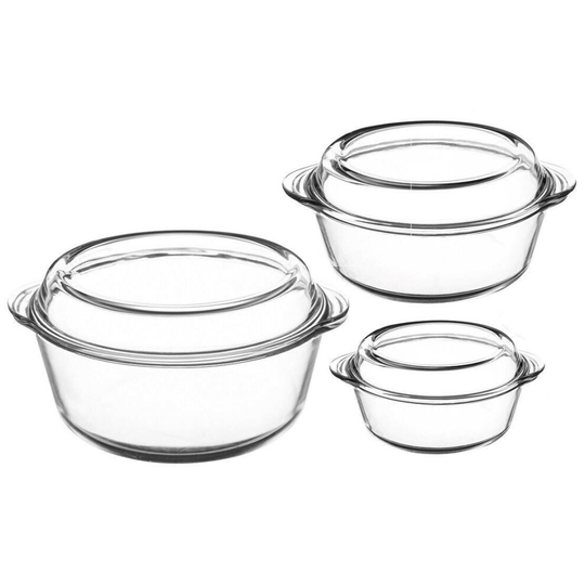Set of 3 Glass Lidded Casserole Dishes Oven Roasting Dishes With Lids