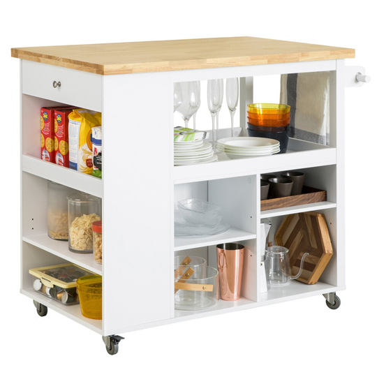SoBuy FKW97-WN, Kitchen Storage Trolley Kitchen Island with Rubber Wood Worktop