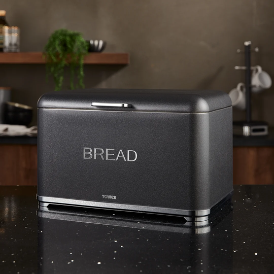 Tower T826014B Kitchen Bread Bin, Glitz Range, Coated Steel with Chrome Accents, Noir, One Size