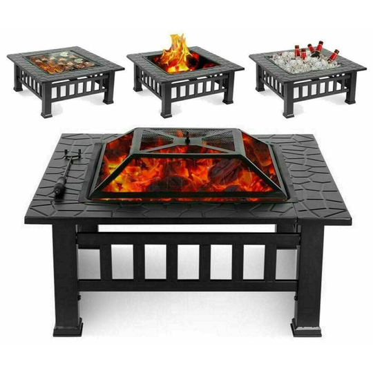 Monsoors Upgraded Large 3 in 1 Fire Pit with BBQ Grill Shelf, Outdoor Metal Brazier Square Table Firepit Garden Patio Heater/BBQ/Ice Pit