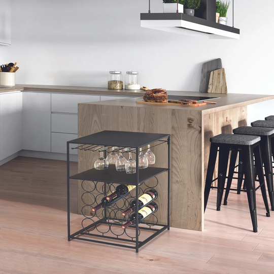 Yeager 16 Bottle Floor Wine Bottle & Glass Rack in Black