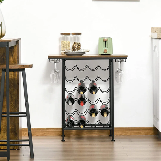 24-Bottle Industrial Modern Wine Rack Table, Freestanding 6 Tier Wine Bottle Organizer With Glass Stemware Holder, Natural/Black