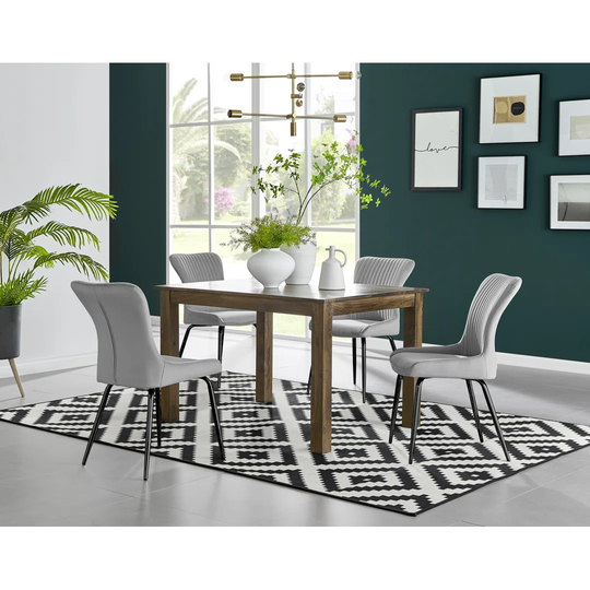 Anders Dark Walnut Solid Wood Dining Table & 4 Light Grey Nora Black Leg Chairs