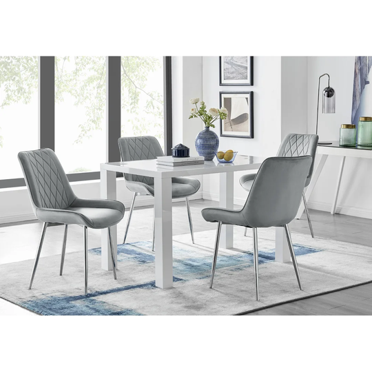 Pivero 4 White Dining Table And 4 Grey Pesaro Silver Leg Chairs
