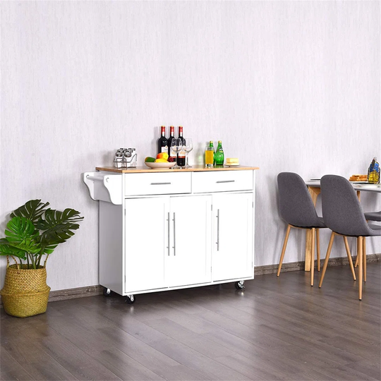 Kitchen Island Cart, Large Storage Trolley With 2 Drawers, 2 Cabinets, Knife Rack, 4 Lockable Wheels & Rubber Wooden Tabletop, Mobile Serving Utility