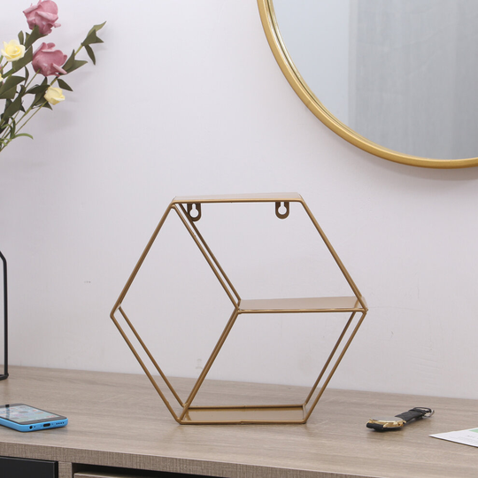 (Gold ) Metal Wall Shelf Hexagon Wall Floating Display Storage Rack