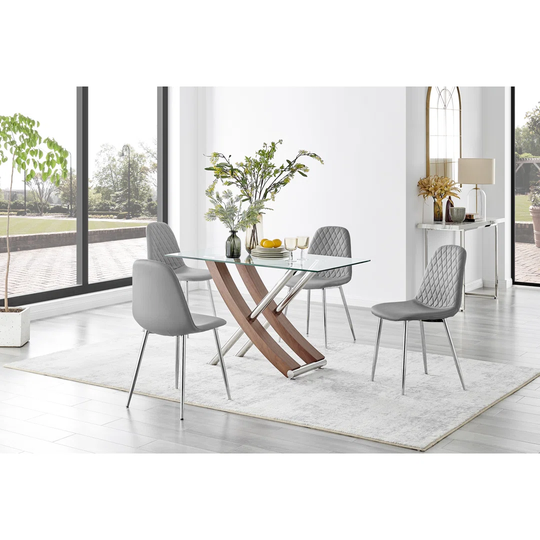 Mayfair Glass & Brown Wood Effect Dining Table & 4 Grey Corona Silver Chairs