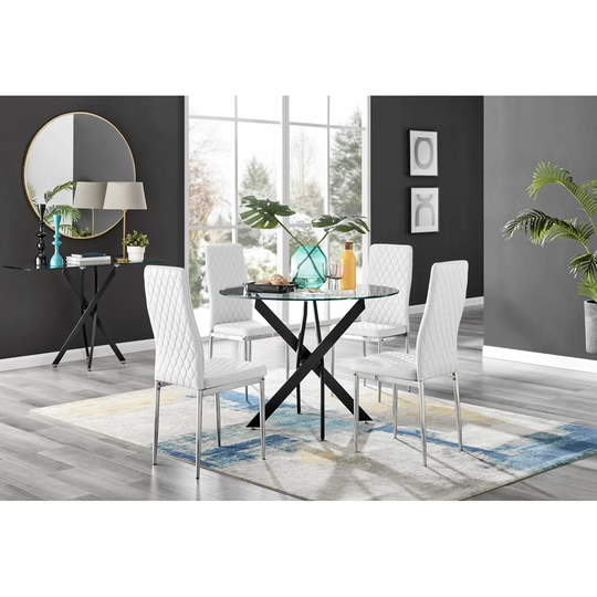 Novara Black Leg Round Glass Dining Table & 4 Mustard Milan Chrome Leg Chairs