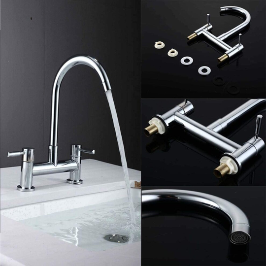Modern Dual Lever Kitchen Sink Deck Mounted Monobloc Mixer Chrome Tap