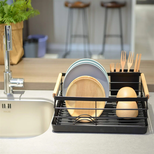 Dish Drainer With Drip Tray, Wooden Handles, Black, 42 30 15 Cm