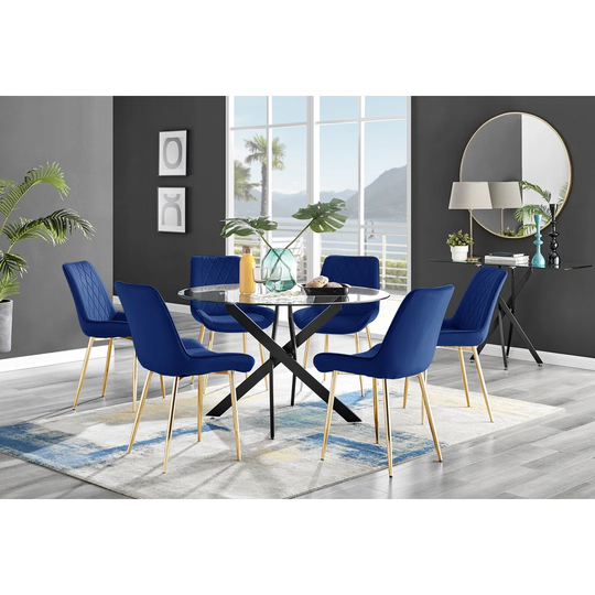 Novara Black Leg 120Cm Round Glass Dining Table & 6 Navy Pesaro Gold Leg Chairs
